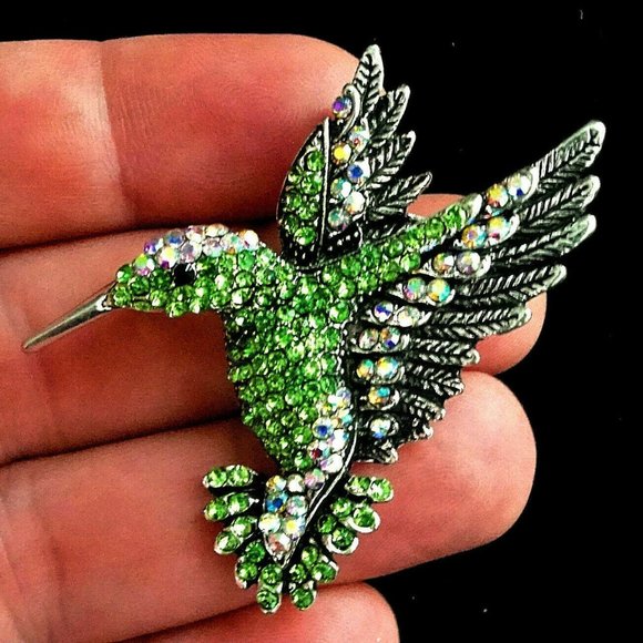 Green HUMMINGBIRD Rhinestone Necklace Pndt Brooch - Picture 4 of 7